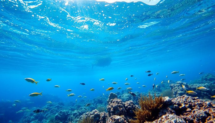 Akdeniz'in berrak mavi suları ve zengin deniz yaşamını gösteren sualtı manzarası