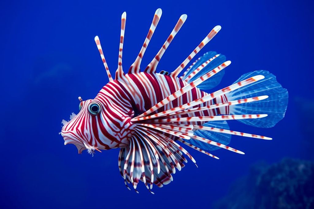 Aslan Balığı (Pterois) Akdeniz sularında yüzerken, tehlikeli zehirli dikenleriyle gösterişli bir görüntü