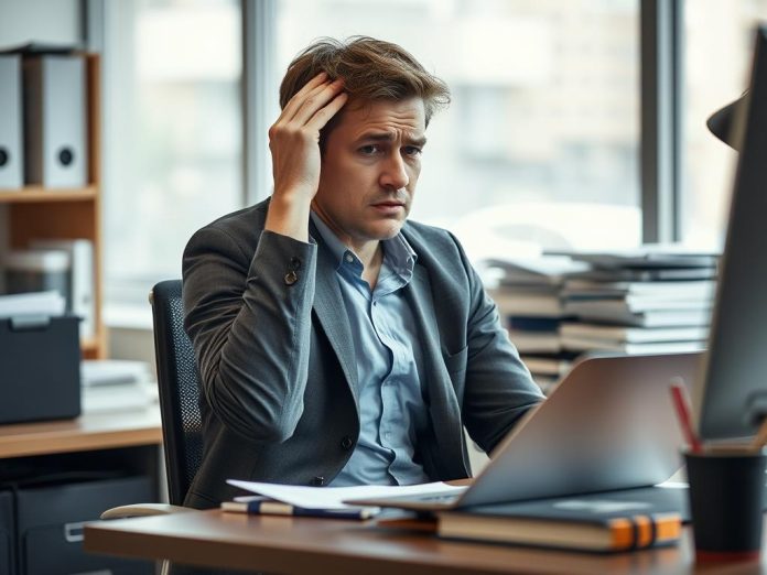 Tatil sonrası depresyon belirtileri yaşayan kişi iş masasında yorgun görünürken